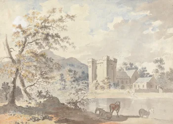 Castle below mountains with horses by a river