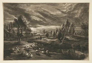 Shepherd and Sheep at Sunset