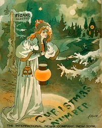 Christmas Poster with a woman holding a lantern in front of a snow covered cottage