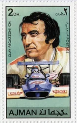UAE stamp representing Swiss car driver Clay Regazzoni (1939)