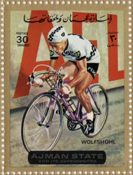 UAE stamp representing cyclist Rolf Wolfshohl (1938)