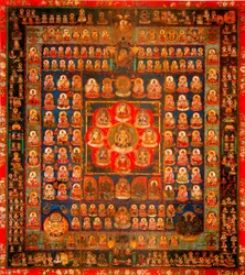Buddhism: Taizokai mandala (Garbhadhatu), called the Mandala of the Womb World, anonymous, 8th-9th century, dimensions 187 x 164.3 cm, Tō-ji, Kyoto, Japan