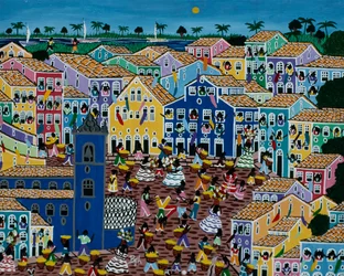 Naive art painting depicting a market, Bahia State, Brazil