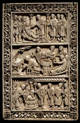 Carolingian Art: miracle of the Holy Bulb, ivory diptych depicting at the top, the resurrection of a young girl, in the centre a sick baptism, at the bottom the baptism of Clovis I (466-511) in the presence of Queen Clothilde on 25/12/498. 9th century. Ami