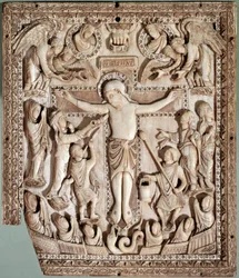 Crucifixion, ivory relief by the French school, 9th century. Florence, Museo Nazionale del Bargello