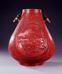 A Large Carved Red Lacquer Pear-Shaped Vase