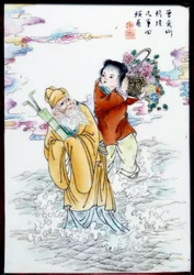 Allegory of Spring: A woman holding a basket of flowers and an old man walking in the spray