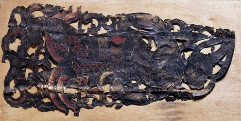 Chinese art: beef leather cut for play of Chinese shadows during theatrical performances of the Nang era. Paris, Guimet Museum, Asian Arts Museum