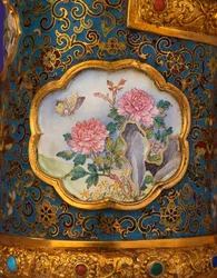Detail of an enamel cartouche from a magnificent Imperial gold, cloisonne and Beijing enamel ewer, Duomuhu, engraved Qianlong four-character mark and of the period, Palace Workshops