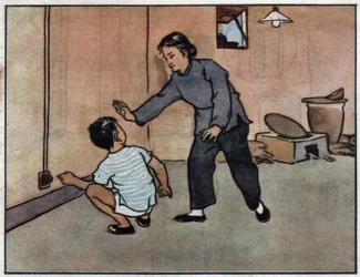 Drawing, Mother Warning Her Child of the Danger of Electrical Sockets. Illustration, in “How to Use Electricity Safely”, China