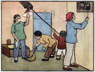 Drawing with a Family Maintaining the Interior of Their House. Illustration, in “How to Use Electricity Safely”, China