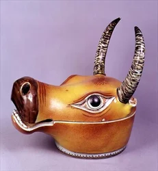 Famille rose ox-head tureen, the upper head forming a detachable cover, Chien Lung period (1736-95)