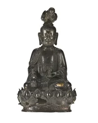Figure of Guanyin, the Chinese goddess of mercy seated on a lotus design base with a raven perched on her head and a rabbit resting in her left hand