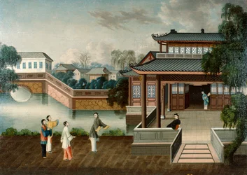 Figures Approaching a Riverside Mansion