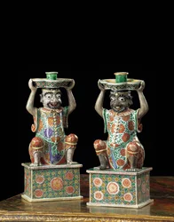 Pair of export famille verte candlesticks, Kangxi