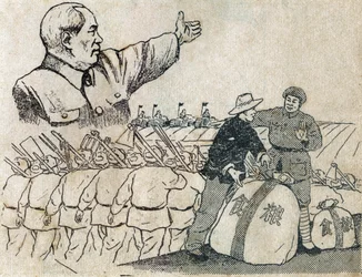 President Mao showing the path of modern agriculture to Chinese peasants. Illustration of propaganda, in "Satirical Drawings", Pekin