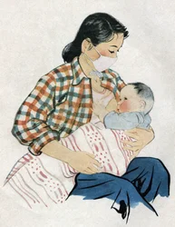 Young Mom Breastfeeding Her Baby. Illustration, in “How to Better Nourish Our Children”, Edition Le Journal de la Sante, Beijing