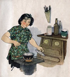 Young mom preparing food for her child. Illustration, in "How to Better Nourish Our Children", Edition Le Journal de la Sante, Pekin