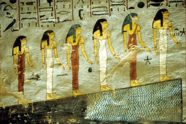Ancient Egypt, Painting, Tomb of Rameses I, Thebes, Six goddesses representing the first six hours of the night, ascending a mountain beneath which is a pond