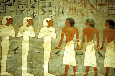 Ancient Egypt, Painting, Tomb of Rameses I, Three mummiform Gods, three Gods towing the solar barque
