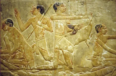 Wall carving/painting, Mastaba/Tomb of Idout, Saqqara, Trapping birds in the marsh, 6th Dynasty