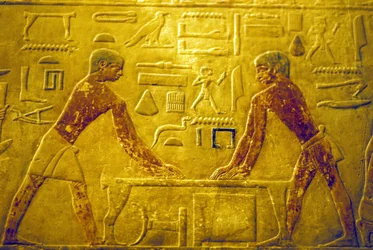 Ancient Egypt, Wall Carving/Painting, Mastaba/Tomb of Ti, 5th Dynasty, Saqqara, Workmen Polishing Wood