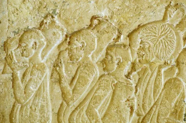 Ancient Egypt, Wall carving/painting, Tomb of Petosiris, Tuna el-Gebel, 300 BC, Men carrying wine jars