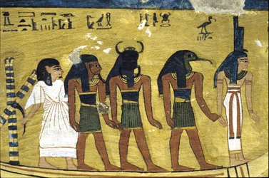 Ancient Egypt, Wall painting Tomb of Inherkhau, Thebes, Tomb of the Nobles, 20th dynasty, Inherkhau in the solar barque with Isis, Thoth and Khephri