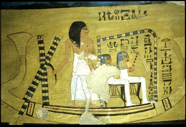 Ancient Egypt, Wall painting Tomb of Inherkhau, Thebes, Tomb of the Nobles, 20th dynasty, Inherkhau steering a boat with two Gods seated in a shrine