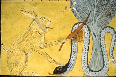 Ancient Egypt, Wall painting Tomb of Inherkhau, Thebes, Tomb of the Nobles, 20th dynasty, Amon defeating the serpent, Apophis beneath the sacred tree