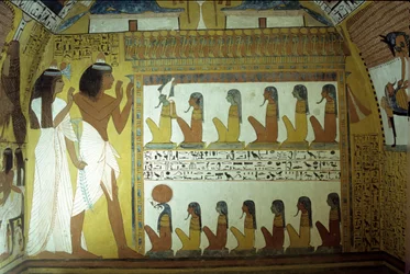 Ancient Egypt, Wall painting, Tomb of Sennedjem, Wall, Sennedjem and his wife worship Gods of the underworld, Osiris, Horus, Thebes, Deir el Medina