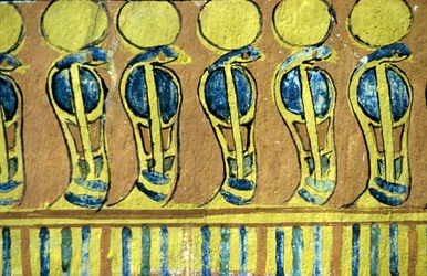 Ancient Egypt, Wall painting, Uraeus serpents guarding the shrine of Osiris, Tomb of Sennedjem, Thebes, Deir el Medna