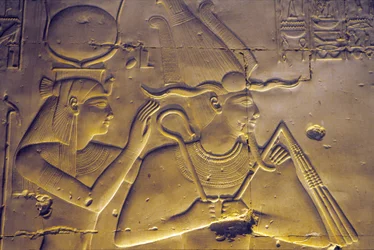 Ancient Egypt, Goddess Isis Embraces Her Seated Husband, Osiris, Temple of Seti I, Abydos