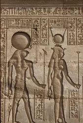 Wall painting/carving, Horus and Isis receive an offering from the pharaoh, Temple of Hathor, Dendera