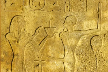 Ancient Egypt, Wall painting/carving, Karnak/Luxor Temple, Hatshepsut offers incense to God Min