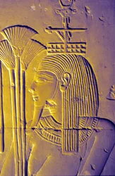 Ancient Egypt, Wall painting/carving, Nile God brings offerings of lotus blooms, Temple of Seti I, Abydos