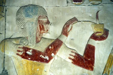 Ancient Egypt, Wall Painting/Carving, Rameses II Offering Incense to His Deified Father Seti I, Temple of Seti I, Abydos