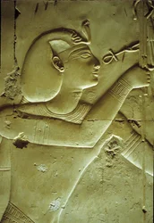 Ancient Egypt, Wall painting/carving, Seti I receiving life, symbolized by the ankh, Temple of Seti I, Abydos