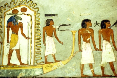 Wall painting/carving, Journey through the underworld boat drawn along by men, Tomb of Rameses I, Thebes