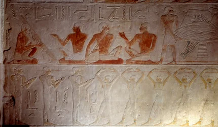 Ancient Egypt: limestone relief representing musicians from the Chapel of Mastaba in Akhethetep, around 2300 BC. 5th dynasty. Old empire. From Saqqara (Sakkara). Paris, Louvre Museum