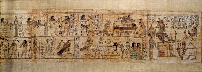 Ancient Egyptian Art Mythological Papyrus of Serimen. Top: Serimen loves the god Osiris represented by its emblem in the city of Abydos. The soul of the dead in the form of a bird flies over his mummy watched by the goddesses Isis (left) and Nephtys (right