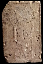 Egyptian antiquity: limestone relief depicting King Qahedjet embraced by the god Horus