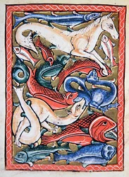 Fish and Sea Animals, facsimile of a 12th century manuscript miniature