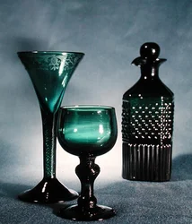 L to R: Decorated wine glass, round glass and decanter, late 18th-early 19th century