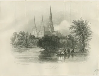 Lichfield Cathedral - South West View: engraving (vignetted), nd [c 1842]
