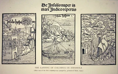 The landing of Columbus on Espaniola, after a contemporary pamphlet published at Basle in 1494