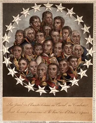 A Hero by Victory - The days of honesty in the Council, in the Combat - are the true heritage and good of the state. (Gressets) - 1. Marengo. Dessaix. 2. Montebello. Lannes. 3. Austerlitz. Rapp. 4. Eckmuhl. Davoust. 5. Florus. Jourdan. 6. Wagram. Berthier