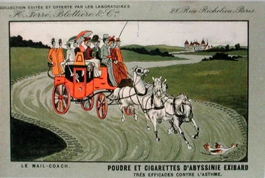 Advert for the cigarette brand, Exibard, depicting a mail coach and stating that tobacco and cigarettes are effective against asthma