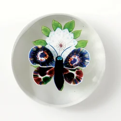 Baccarat butterfly and flower weight, the insect with deep purple body, pale blue-grey eyes and antennae