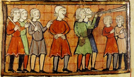 False witness with pierced tongue condemns to wander the streets of the city preceded by miniature trumpet players from Citeaux manuscript. Angers, Municipal Library